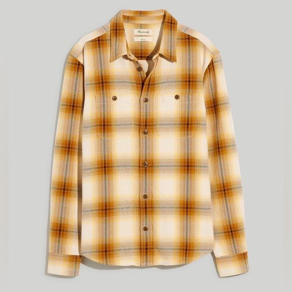 Madewell Twill Easy Long-Sleeve Shirt in Peterson Plaid Yellow and Brown - Picture 1 of 9